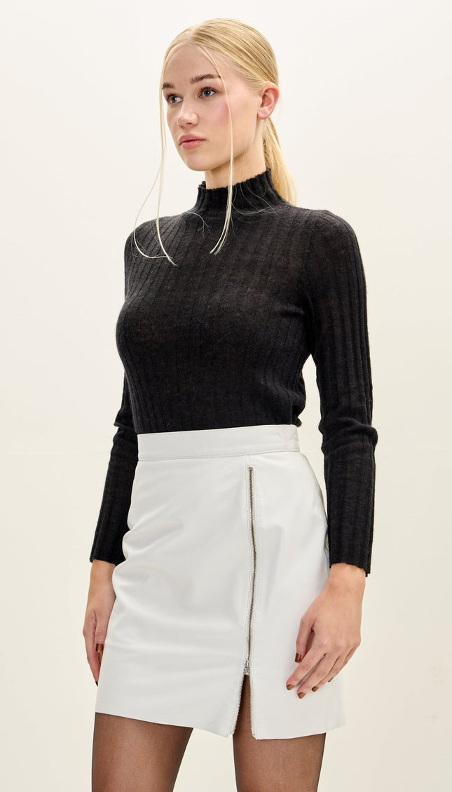 Women's Premium Leather Zippered Slit Mini Skirt - White - Ron Tomson