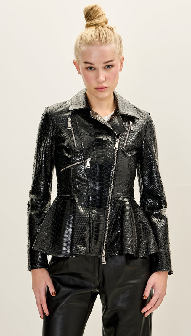 Women's Premium Snakeskin Fitted Peplum Jacket - Black - Ron Tomson