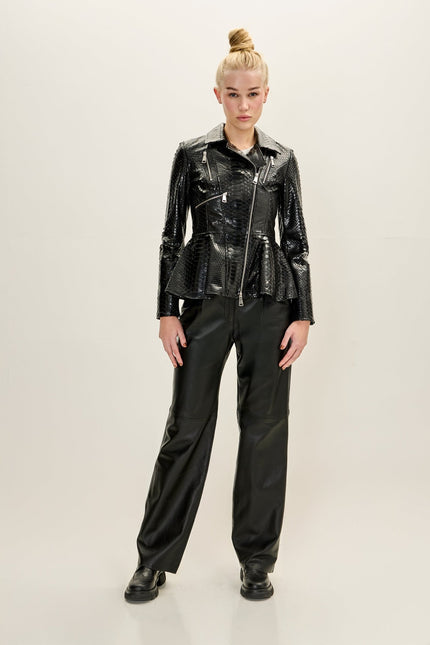 Women's Premium Snakeskin Fitted Peplum Jacket - Black - Ron Tomson
