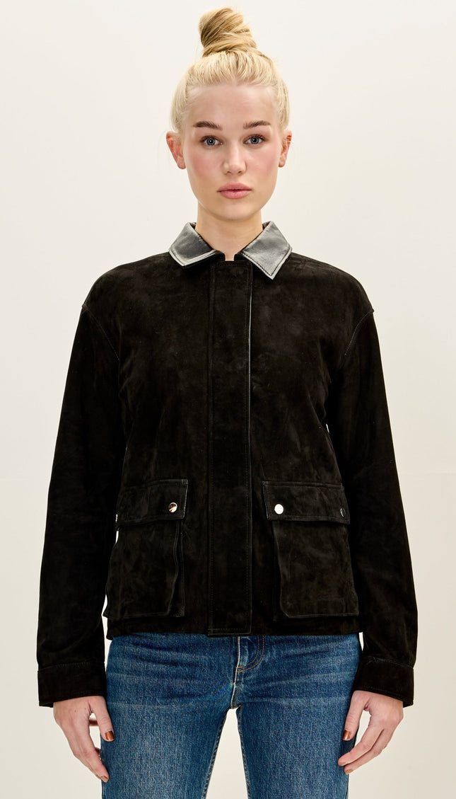 Women's Premium Suede Contrast Collar Jacket - Black - Ron Tomson
