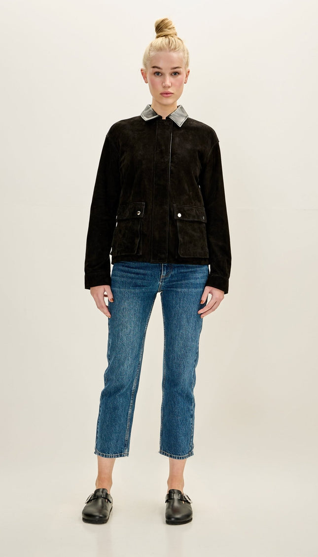 Women's Premium Suede Contrast Collar Jacket - Black - Ron Tomson