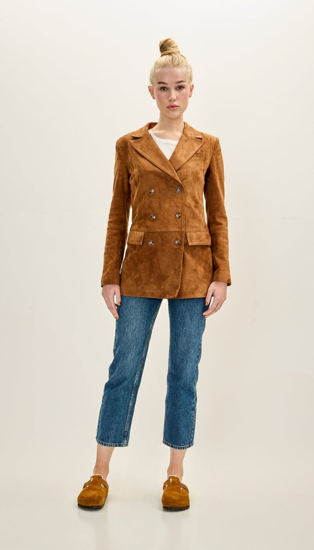 Women's Premium Suede Double Breasted Jacket - Brown - Ron Tomson