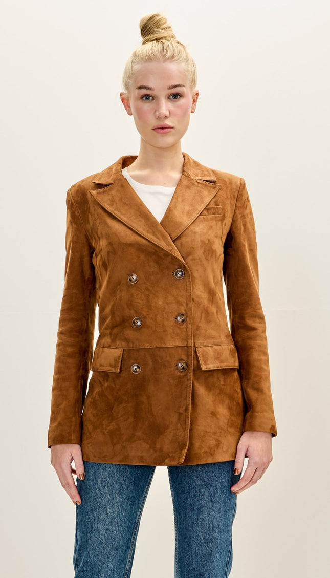 Women's Premium Suede Double Breasted Jacket - Brown - Ron Tomson