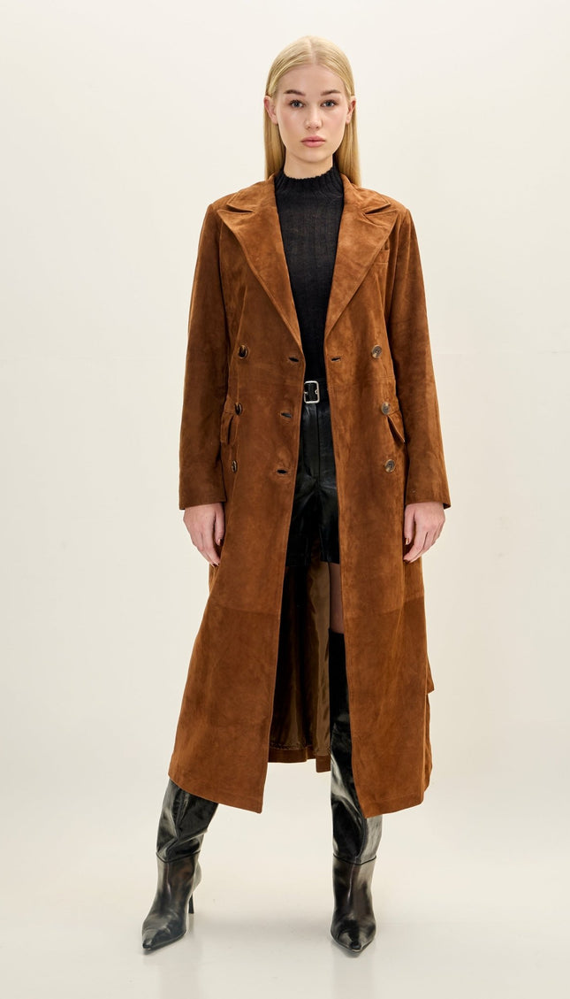 Women's Premium Suede Double Brested Long Coat - Cognac - Ron Tomson