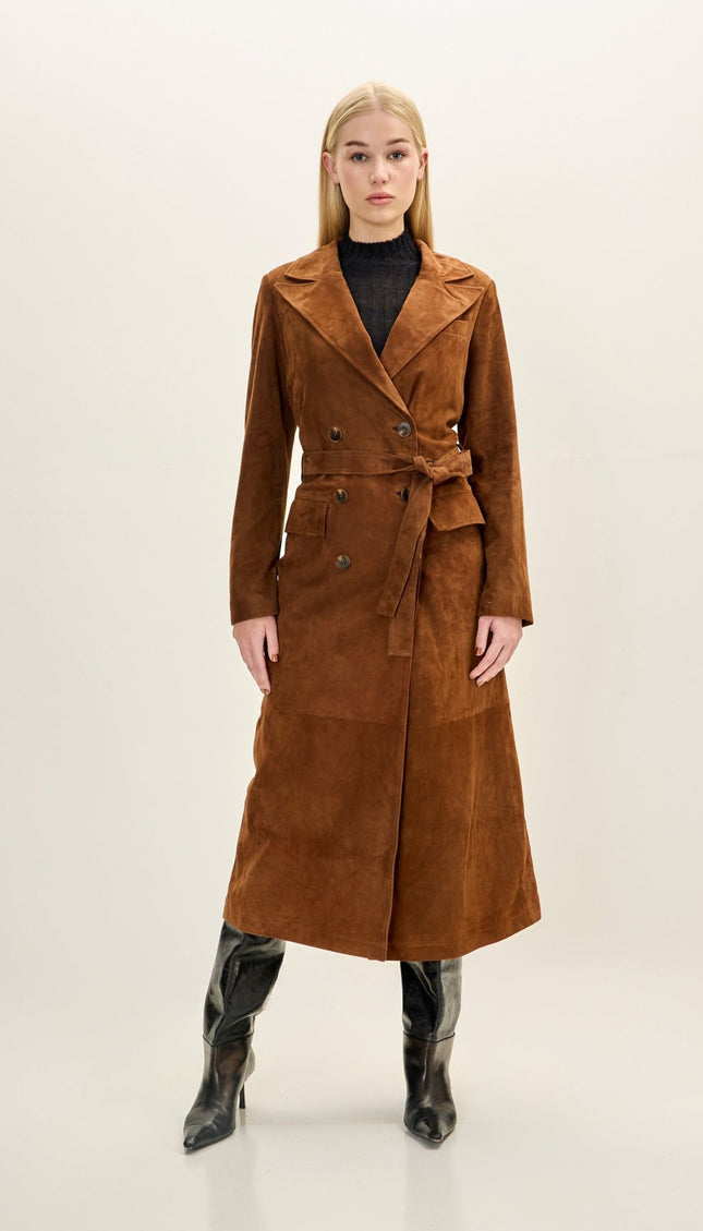 Women's Premium Suede Double Brested Long Coat - Cognac - Ron Tomson