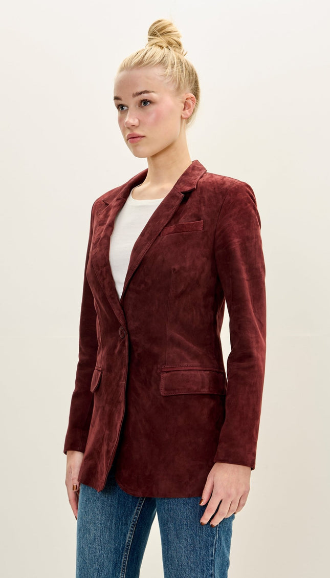 Women's Premium Suede Single Button Blazer - Burgundy - Ron Tomson