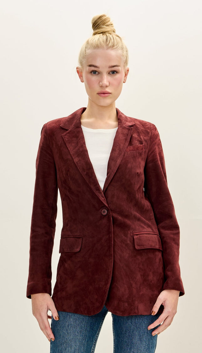 Women's Premium Suede Single Button Blazer - Burgundy - Ron Tomson