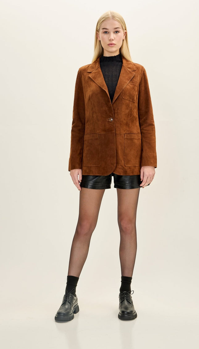 Women's Premium Suede Single Button Blazer - Cognac - Ron Tomson