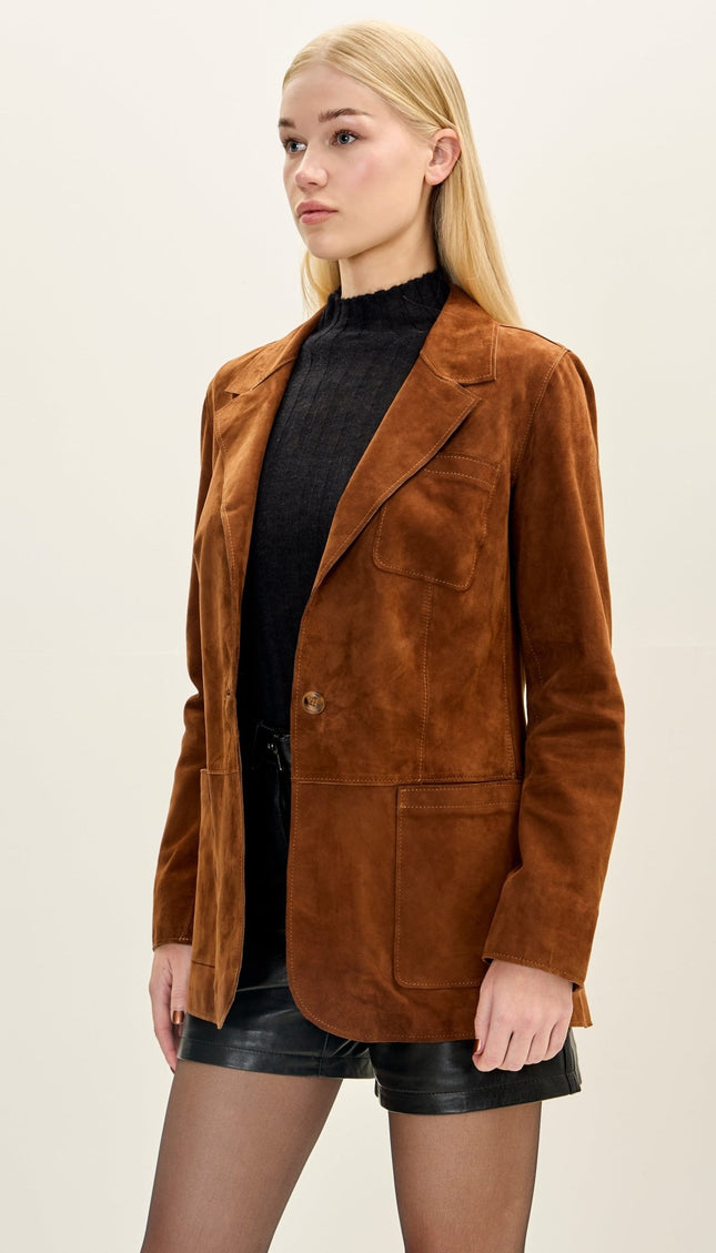 Women's Premium Suede Single Button Blazer - Cognac - Ron Tomson