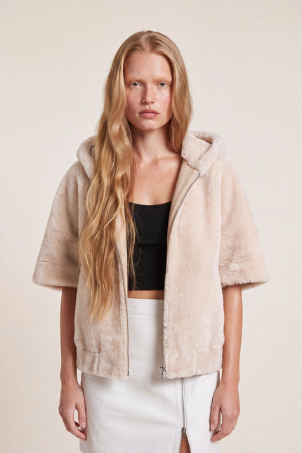 Reversible Lambskin Shearling Hooded Jacket - Cream - macro view