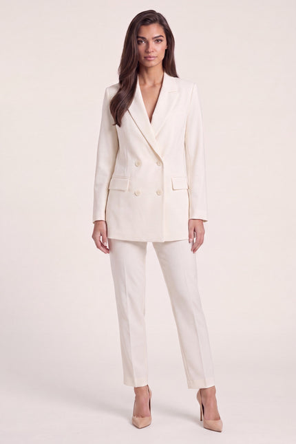 Longline Double-Breasted Blazer - Off-White - buttoned closed front view