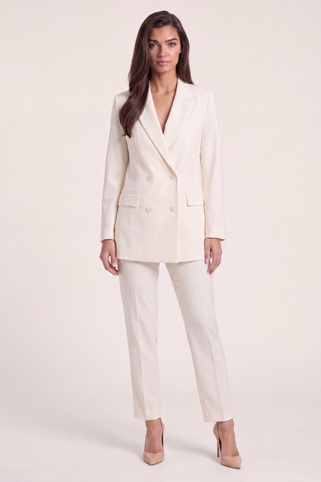 Longline Double-Breasted Blazer - Off-White - buttoned closed front view