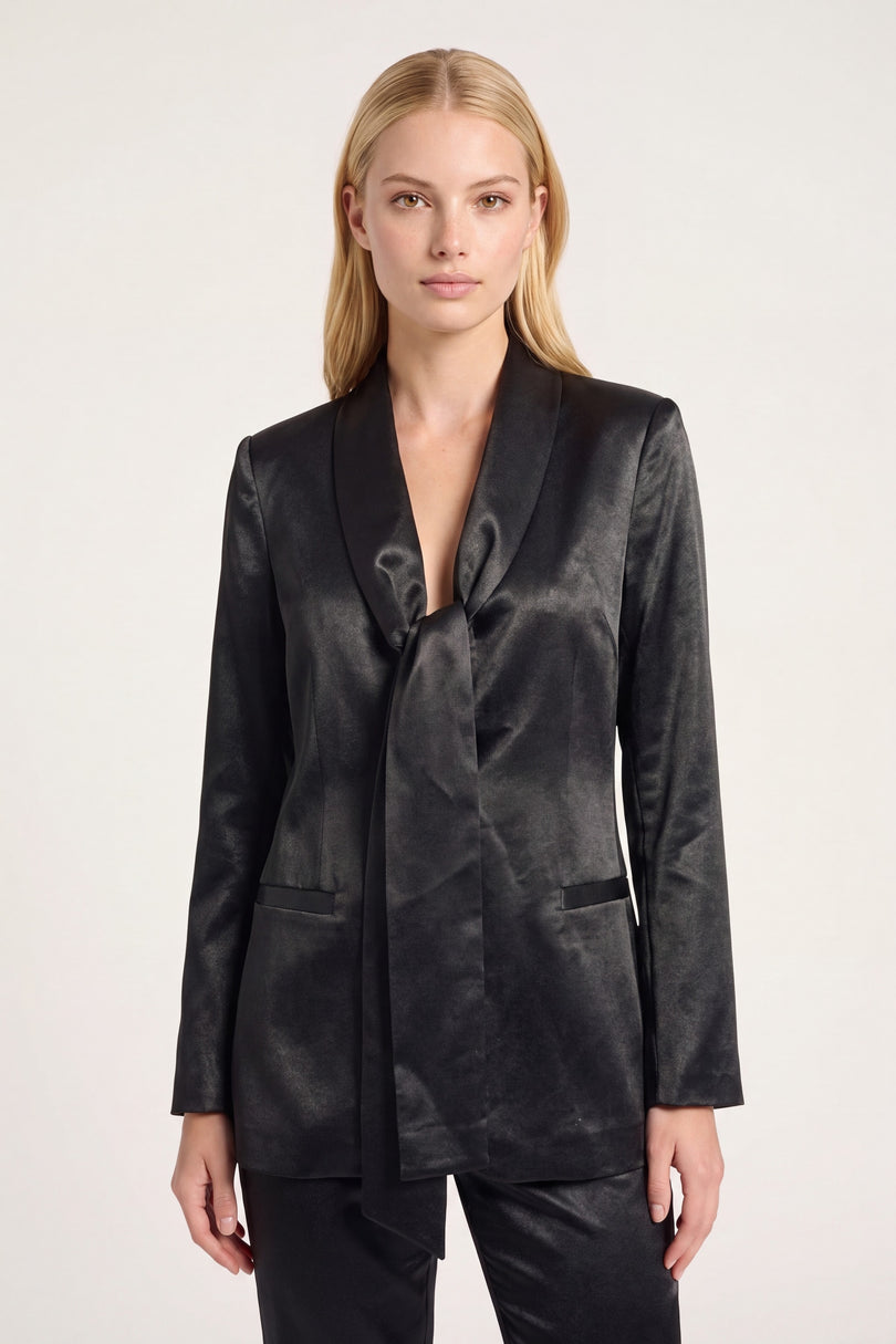 Sateen Shawl Detail Blazer - Black - detail view
