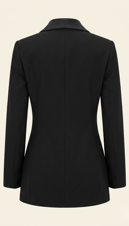Women's black shawl lapel blazer — back view