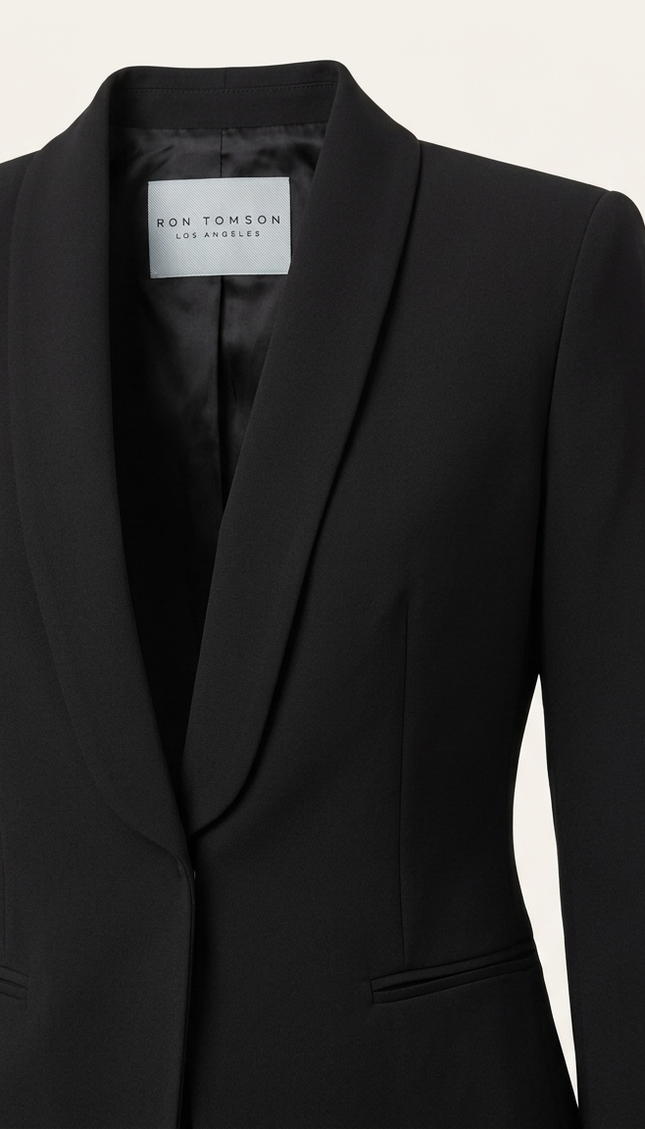 Women's black shawl lapel blazer — shawl lapel and woven Ron Tomson label detail