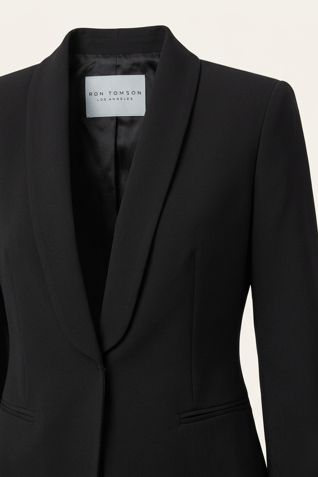 Women's black shawl lapel blazer — shawl lapel and woven Ron Tomson label detail