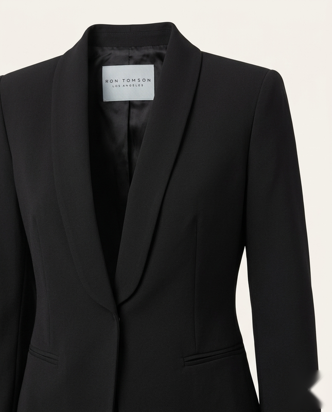 Women's black shawl lapel blazer — shawl lapel and woven Ron Tomson label detail