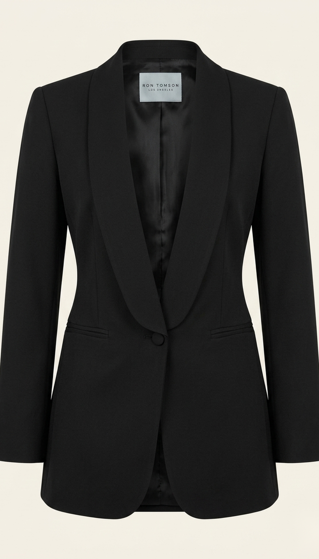 Women's black shawl lapel blazer — front view