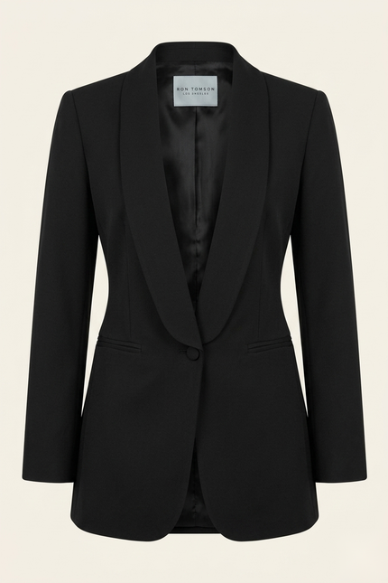 Women's black shawl lapel blazer — front view