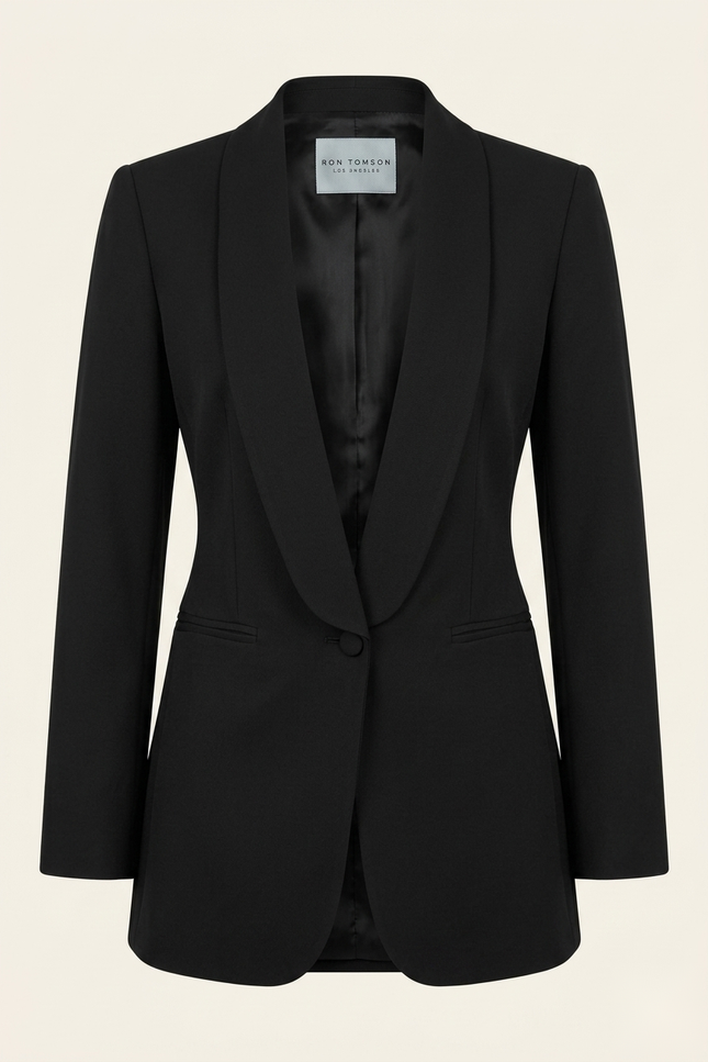 Women's black shawl lapel blazer — front view