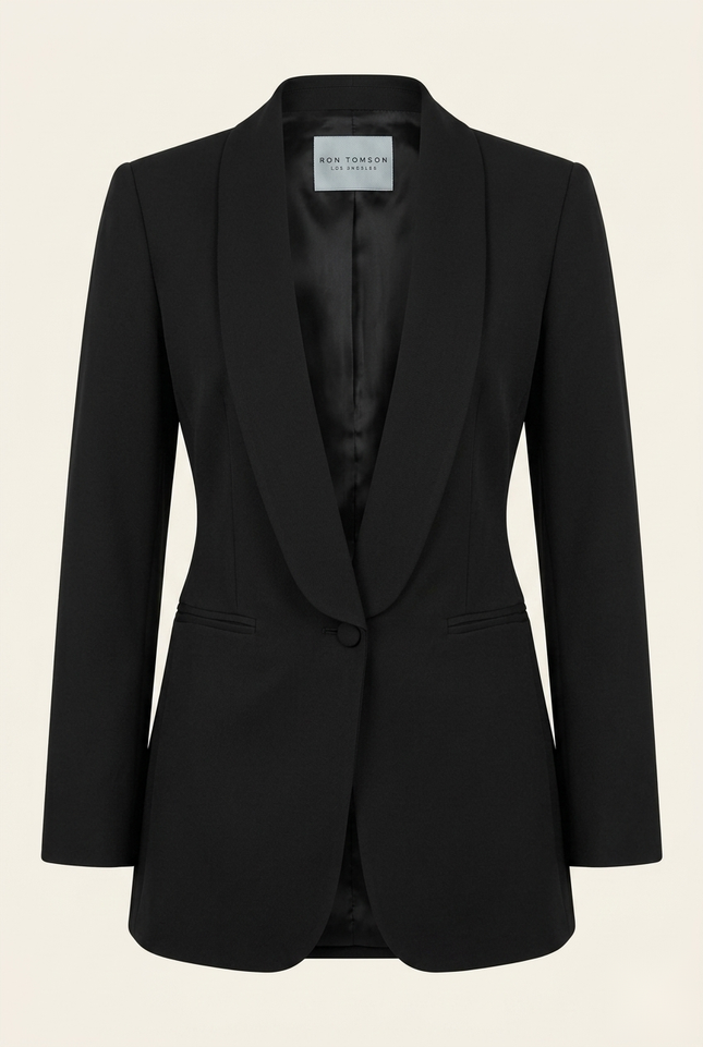 Women's black shawl lapel blazer — front view