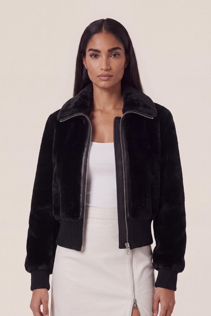 Shearling Bomber Jacket - Black - macro view