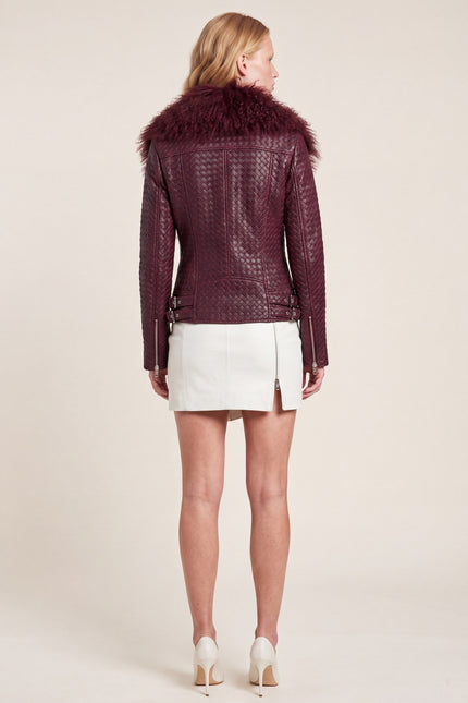 Woven Lambskin Biker Jacket with Shearling Collar - Oxblood - back view