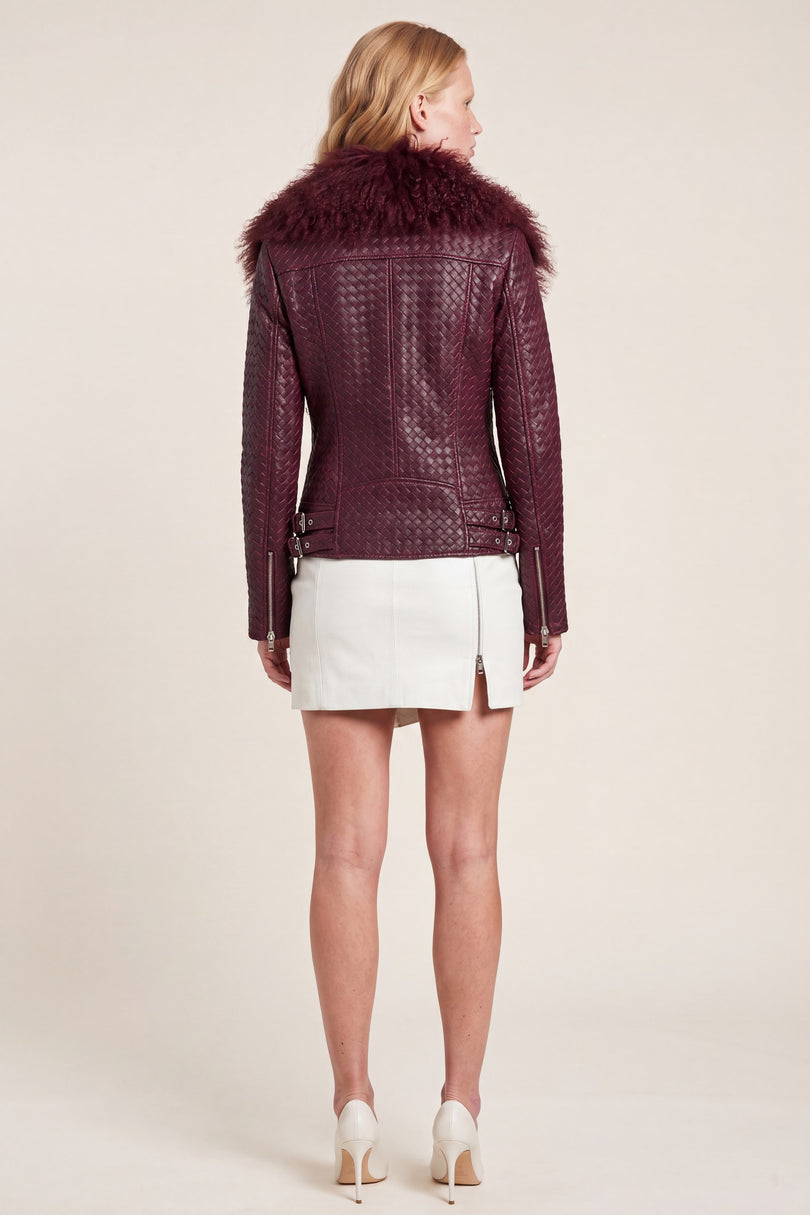 Woven Lambskin Biker Jacket with Shearling Collar - Oxblood - back view