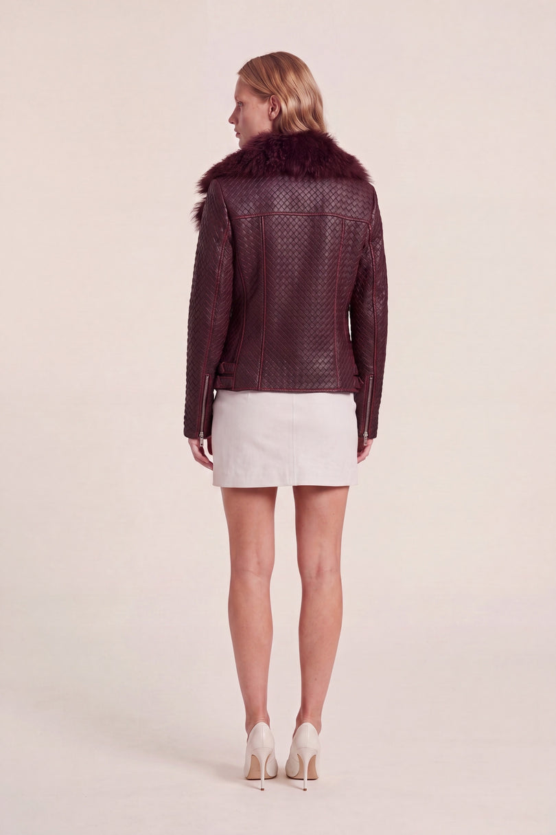 Woven Lambskin Biker Jacket with Shearling Collar - Oxblood - back view