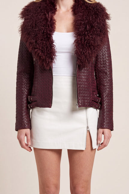 Woven Lambskin Biker Jacket with Shearling Collar - Oxblood - detail view