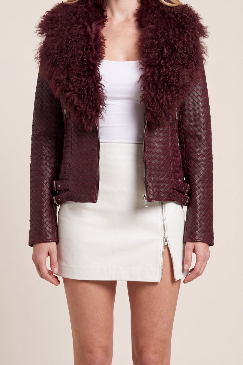 Woven Lambskin Biker Jacket with Shearling Collar - Oxblood - detail view