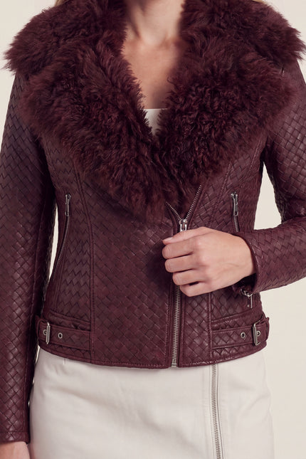 Woven Lambskin Biker Jacket with Shearling Collar - Oxblood - detail view