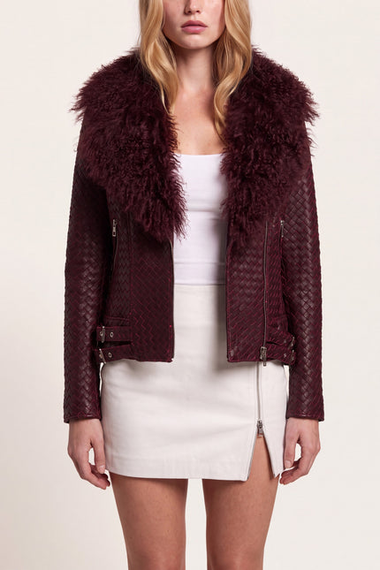 Woven Lambskin Biker Jacket with Shearling Collar - Oxblood - macro view