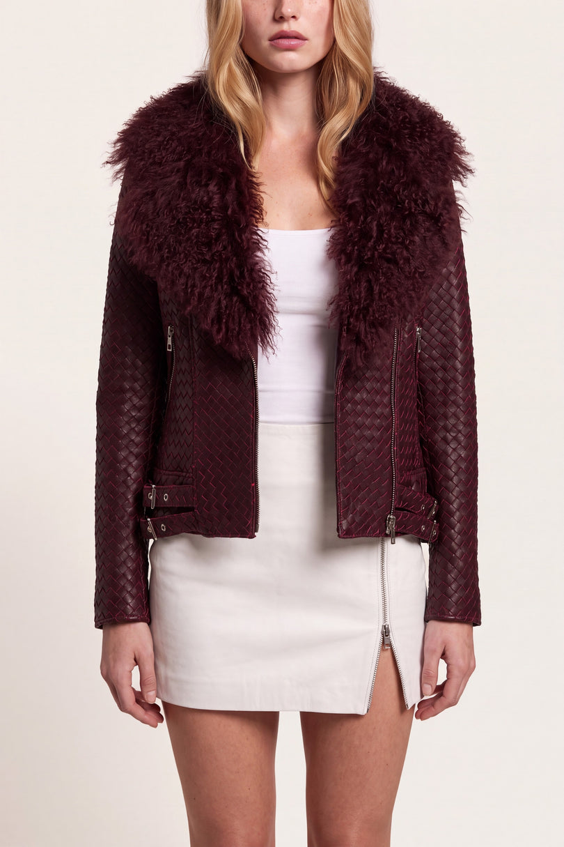 Woven Lambskin Biker Jacket with Shearling Collar - Oxblood - macro view