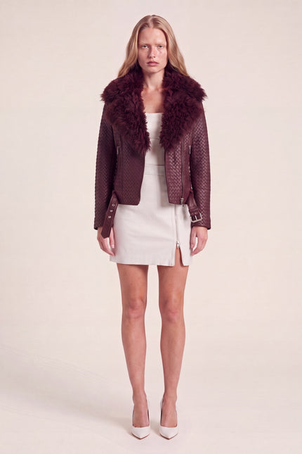 Woven Lambskin Biker Jacket with Shearling Collar - Oxblood - macro view