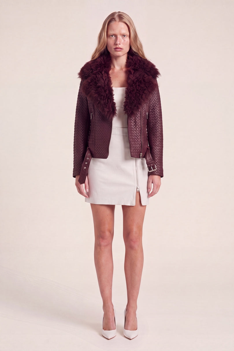 Woven Lambskin Biker Jacket with Shearling Collar - Oxblood - macro view