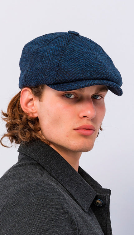 Wool Blend Chevron Newsboy Cap - Dark Blue - Ron Tomson