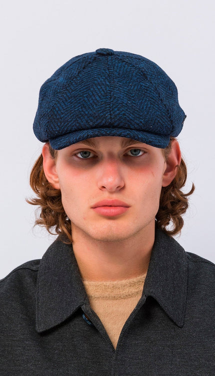 Wool Blend Chevron Newsboy Cap - Dark Blue - Ron Tomson