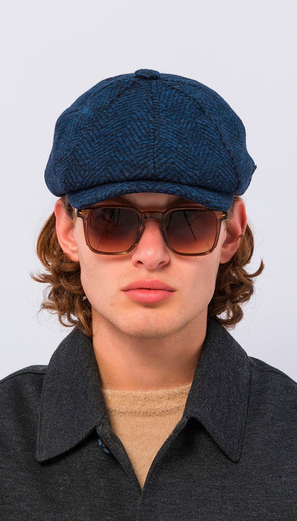 Wool Blend Chevron Newsboy Cap - Dark Blue - Ron Tomson