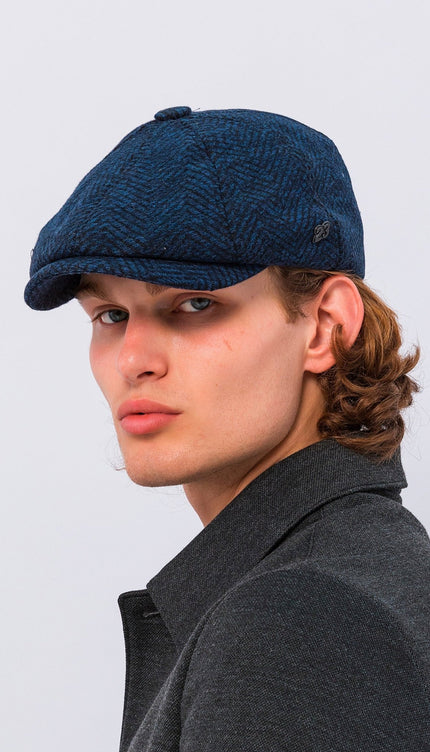 Wool Blend Chevron Newsboy Cap - Dark Blue - Ron Tomson