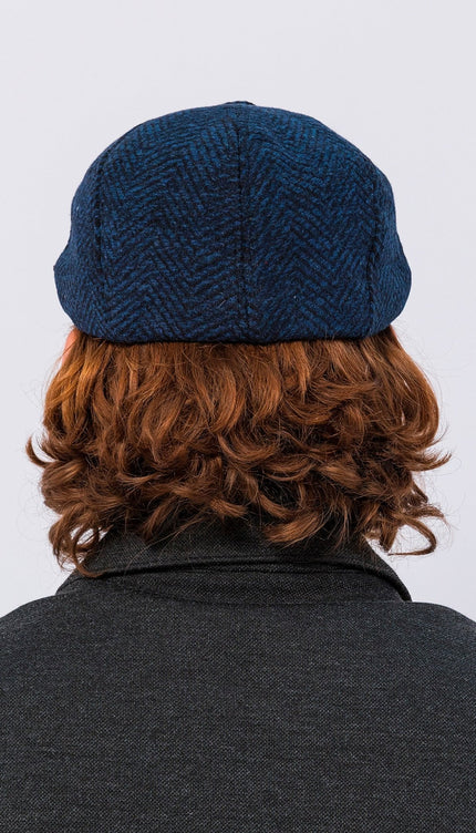 Wool Blend Chevron Newsboy Cap - Dark Blue - Ron Tomson