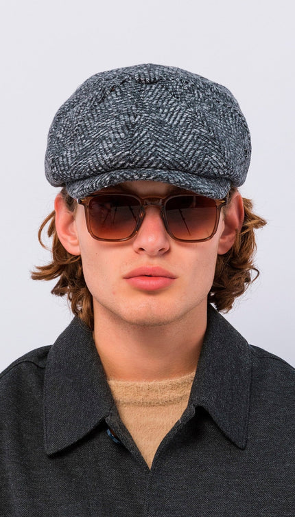 Wool Blend Chevron Newsboy Cap - Dark Grey - Ron Tomson