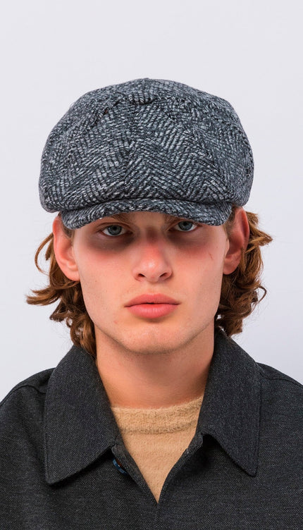 Wool Blend Chevron Newsboy Cap - Dark Grey - Ron Tomson