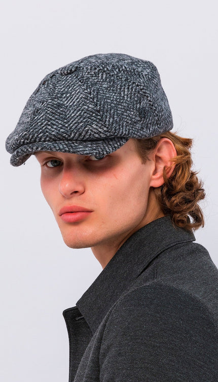 Wool Blend Chevron Newsboy Cap - Dark Grey - Ron Tomson