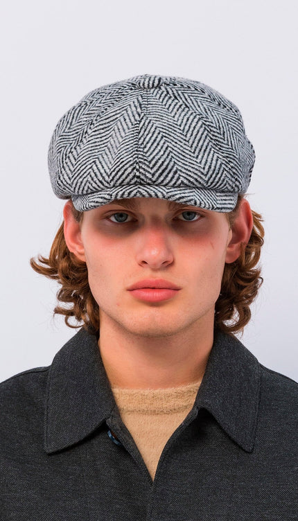 Wool Blend Chevron Newsboy Cap - Grey Black - Ron Tomson