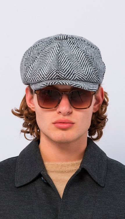 Wool Blend Chevron Newsboy Cap - Grey Black - Ron Tomson