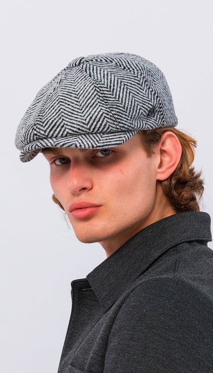 Wool Blend Chevron Newsboy Cap - Grey Black - Ron Tomson