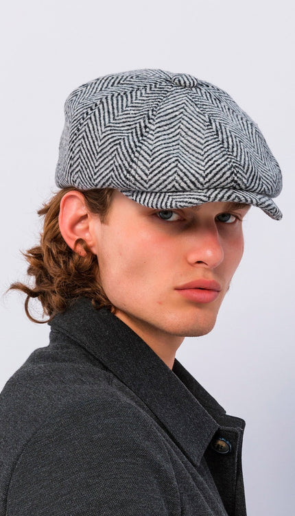 Wool Blend Chevron Newsboy Cap - Grey Black - Ron Tomson