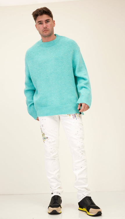 Wool Blend Cloud Crew Neck Sweater - Turquoise - Ron Tomson