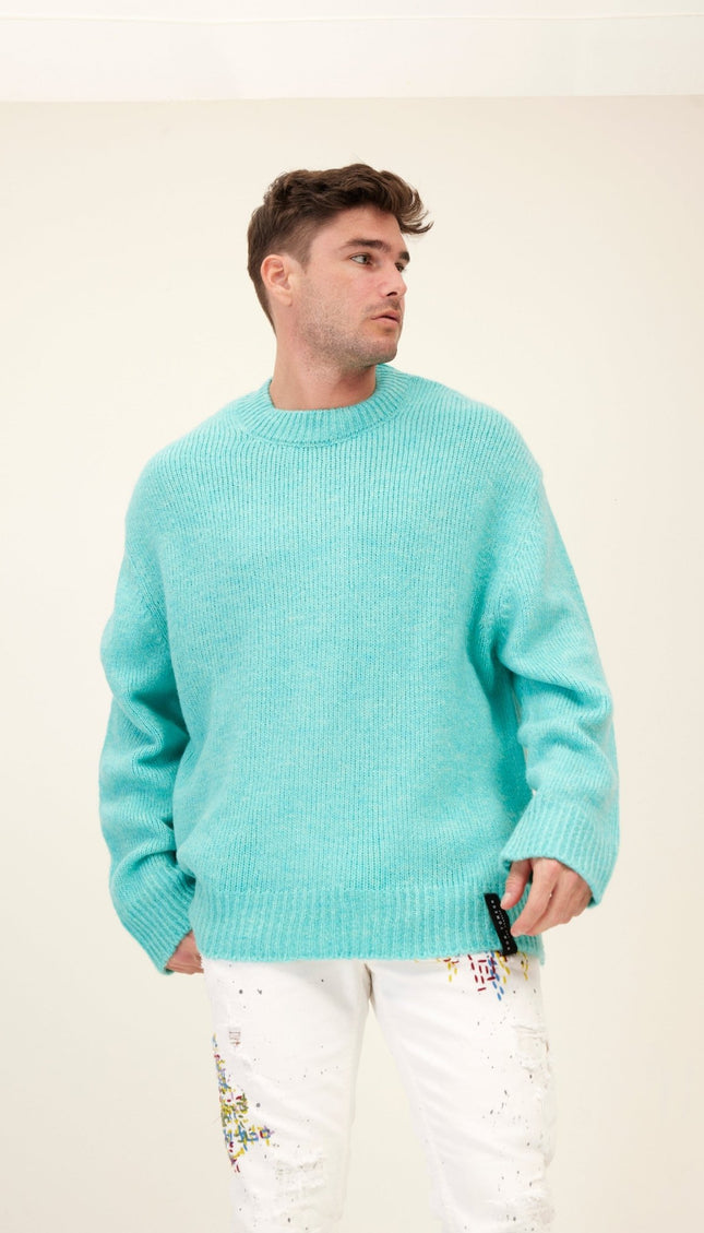 Wool Blend Cloud Crew Neck Sweater - Turquoise - Ron Tomson